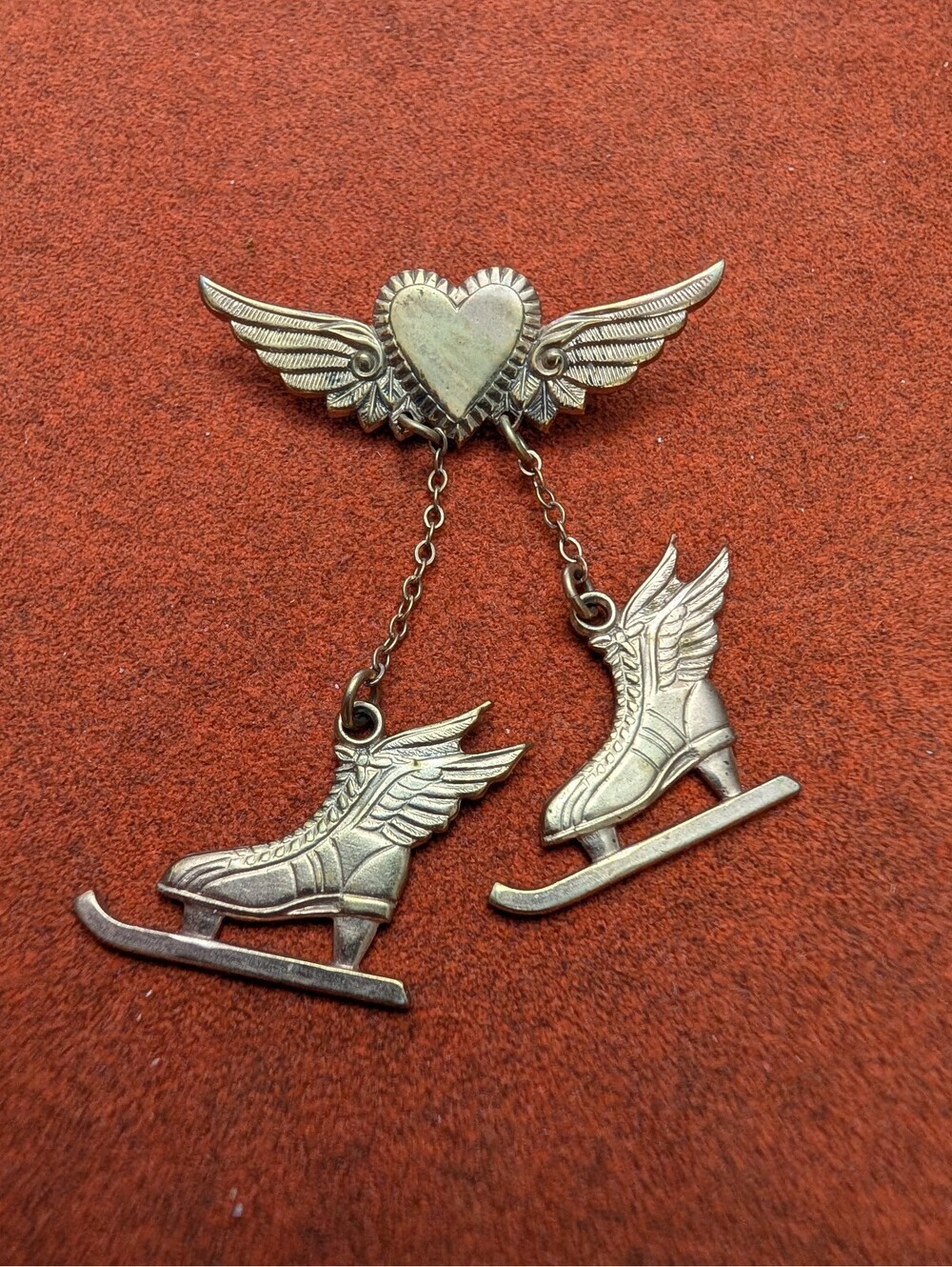 Vintage Jewelry Brooch Pin Brass Dangling Ice Skates On Winged Heart 1940s